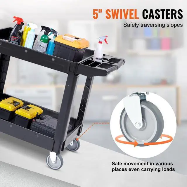 Alt view image 3 of 7 - VEVOR Utility Service Cart, 2 Shelf 550LBS Heavy Duty Plastic Rolling Utility Cart with 360° Swivel Wheels, Medium Lipped Shelf, Ergonomic Storage Handle for Warehouse/Garage/Cleaning/Office
