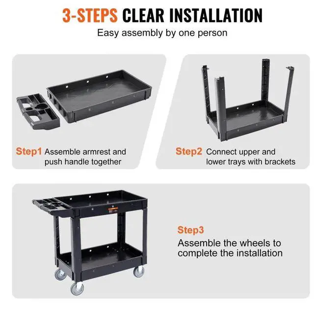 Alt view image 6 of 7 - VEVOR Utility Service Cart, 2 Shelf 550LBS Heavy Duty Plastic Rolling Utility Cart with 360° Swivel Wheels, Medium Lipped Shelf, Ergonomic Storage Handle for Warehouse/Garage/Cleaning/Office