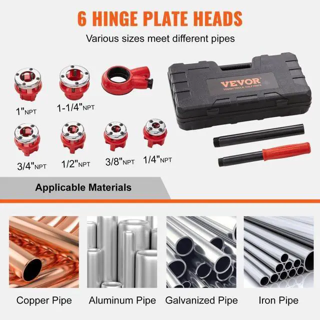 Alt view image 2 of 7 - VEVOR Ratchet Pipe Threader Kit, 1/4" NPT - 1-1/4" NPT Manual Ratcheting Pipe Threader, Portable Pipe Threading Tool Set with 6PCS NPT Dies, Storage Case for Galvanized Aluminum Iron Copper Pipes