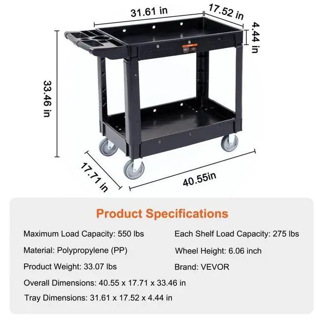 Alt view image 7 of 7 - VEVOR Utility Service Cart, 2 Shelf 550LBS Heavy Duty Plastic Rolling Utility Cart with 360° Swivel Wheels, Medium Lipped Shelf, Ergonomic Storage Handle for Warehouse/Garage/Cleaning/Office