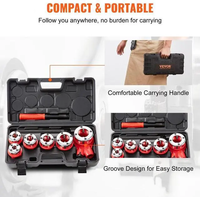 Alt view image 6 of 7 - VEVOR Ratchet Pipe Threader Kit, 1/4" NPT - 1-1/4" NPT Manual Ratcheting Pipe Threader, Portable Pipe Threading Tool Set with 6PCS NPT Dies, Storage Case for Galvanized Aluminum Iron Copper Pipes