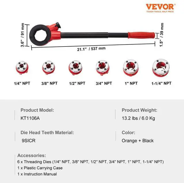 Alt view image 7 of 7 - VEVOR Ratchet Pipe Threader Kit, 1/4" NPT - 1-1/4" NPT Manual Ratcheting Pipe Threader, Portable Pipe Threading Tool Set with 6PCS NPT Dies, Storage Case for Galvanized Aluminum Iron Copper Pipes