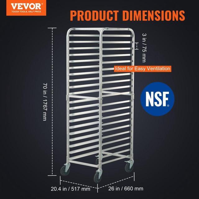 Alt view image 2 of 7 - VEVOR Bun Pan Rack, 20-Tier Commercial Bakery Racks with Brake Wheels, Aluminum Racking Trolley Storage for Half & Full Sheet, Speed Rack For Kitchen Home, Bread Baking Equipment, 26"L x 20.4"W x 70"H