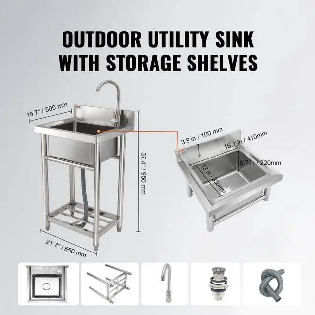 Alt view image 2 of 7 - VEVOR Stainless Steel Utility Sink, 1 Compartment Free Standing Small Sink Include Faucet & legs, 16 x 13 x 8.7 in Commercial Single Bowl Sinks for Garage, Restaurant, Kitchen, Laundry, NSF Certified