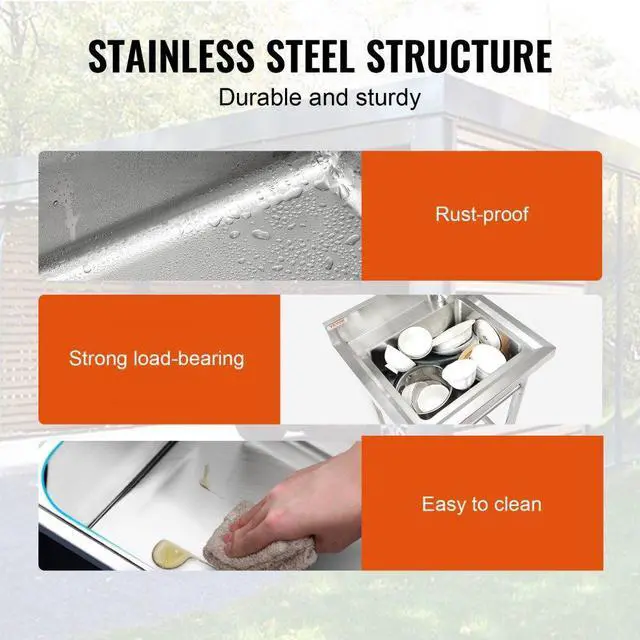 Alt view image 3 of 7 - VEVOR Stainless Steel Utility Sink, 1 Compartment Free Standing Small Sink Include Faucet & legs, 16 x 13 x 8.7 in Commercial Single Bowl Sinks for Garage, Restaurant, Kitchen, Laundry, NSF Certified