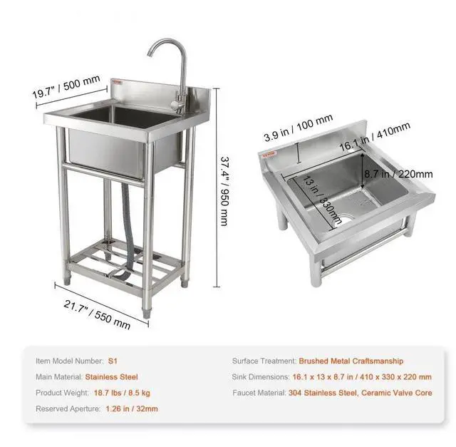 Alt view image 7 of 7 - VEVOR Stainless Steel Utility Sink, 1 Compartment Free Standing Small Sink Include Faucet & legs, 16 x 13 x 8.7 in Commercial Single Bowl Sinks for Garage, Restaurant, Kitchen, Laundry, NSF Certified