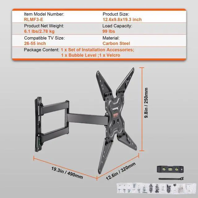 Alt view image 7 of 7 - VEVOR Full Motion TV Mount Fits for Most 26-55 inch TVs, Swivel Tilt Horizontal Adjustment TV Wall Mount Bracket with Articulating Arm, Max VESA 400x400mm , Holds up to 99 lbs