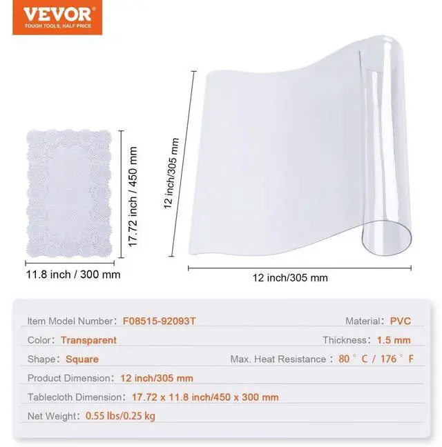 Alt view image 7 of 7 - VEVOR Clear Table Cover Protector, 12" x 12"/305 x 305 mm Table Cover, 1.5 mm Thick PVC Plastic Tablecloth, Waterproof Desktop Protector for Writing Desk, Coffee Table, Dining Room Table