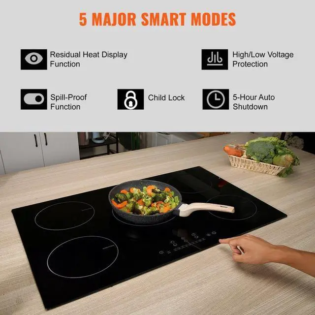 Alt view image 5 of 10 - VEVOR Electric Cooktop, 5 Burners, 30'' Induction Stove Top, Built-in Magnetic Cooktop 9200W, 9 Heating Level Multifunctional Burner, LED Touch Screen w/Child Lock & Over-Temperature Protection
