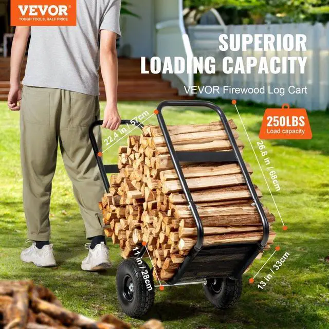 Alt view image 2 of 7 - VEVOR Firewood Log Cart, 250 lbs Capacity, Outdoor and Indoor Wood Rack Storage Mover with PU Wheels & Waterproof Cloth, Heavy Duty Steel Dolly Hauler, Firewood Carrier for Fireplace, Fire Pit, Black