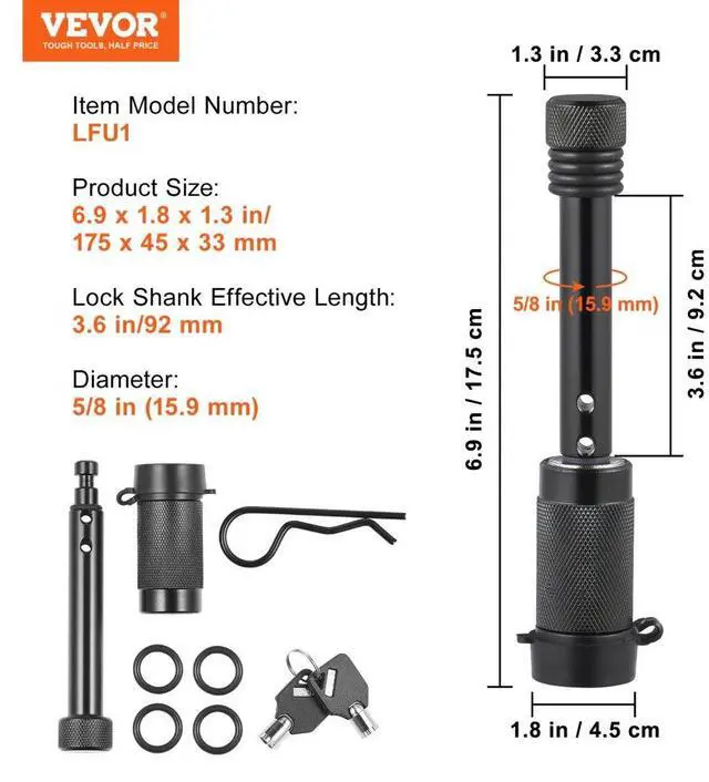Alt view image 7 of 7 - VEVOR Trailer Hitch Lock, 5/8-inch Diameter, Locking Receiver Pin with 2 Keys and 4 O-Rings, Weatherproof Anti-Theft Tow Lockable Pin with Dust, Mud & Gunk Protection, Fits for Truck, Boat, Bike, Car