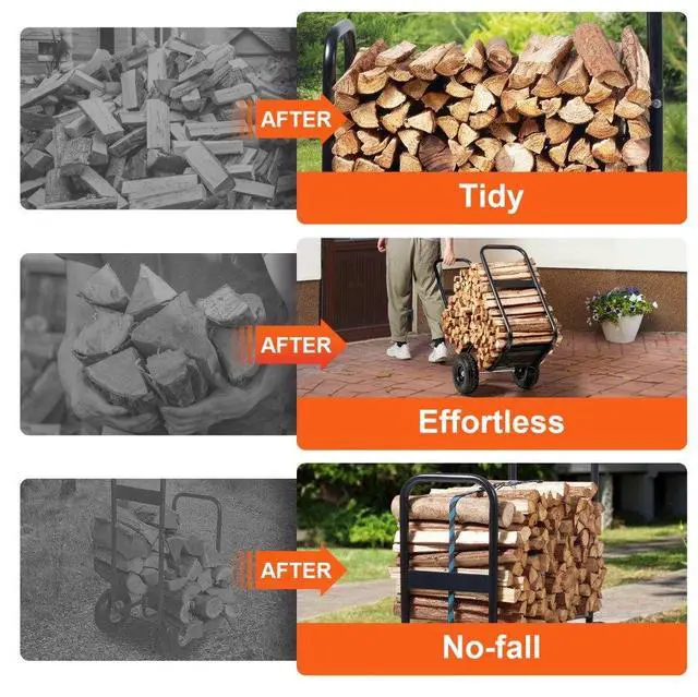 Alt view image 3 of 7 - VEVOR Firewood Log Cart, 250 lbs Capacity, Outdoor and Indoor Wood Rack Storage Mover with PU Wheels & Waterproof Cloth, Heavy Duty Steel Dolly Hauler, Firewood Carrier for Fireplace, Fire Pit, Black