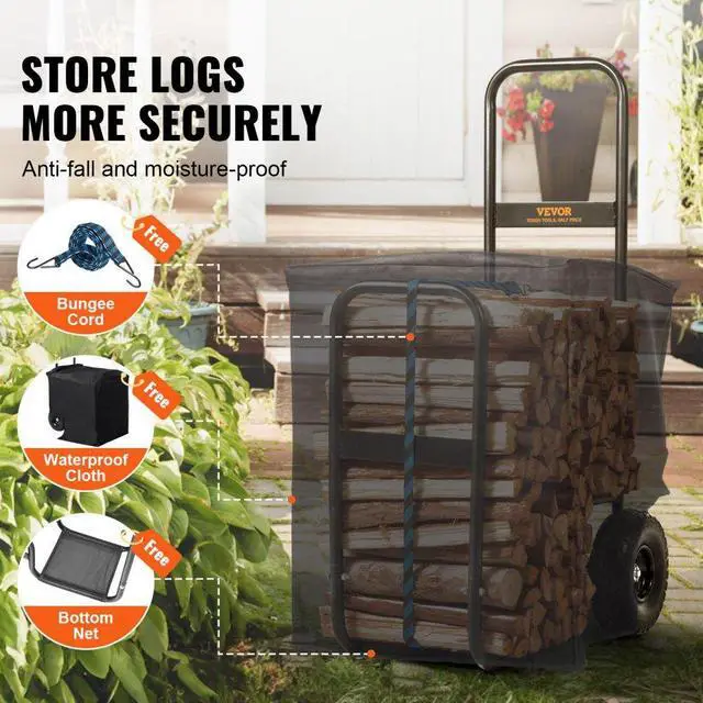Alt view image 4 of 7 - VEVOR Firewood Log Cart, 250 lbs Capacity, Outdoor and Indoor Wood Rack Storage Mover with PU Wheels & Waterproof Cloth, Heavy Duty Steel Dolly Hauler, Firewood Carrier for Fireplace, Fire Pit, Black