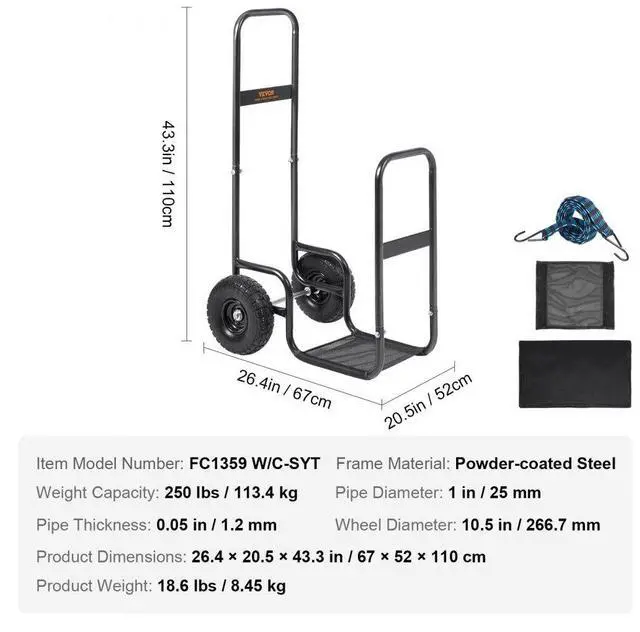 Alt view image 7 of 7 - VEVOR Firewood Log Cart, 250 lbs Capacity, Outdoor and Indoor Wood Rack Storage Mover with PU Wheels & Waterproof Cloth, Heavy Duty Steel Dolly Hauler, Firewood Carrier for Fireplace, Fire Pit, Black