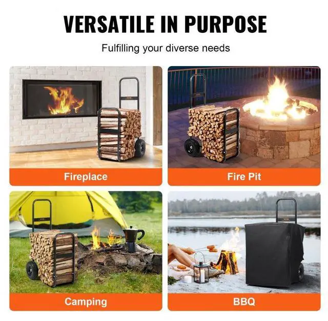 Alt view image 6 of 7 - VEVOR Firewood Log Cart, 250 lbs Capacity, Outdoor and Indoor Wood Rack Storage Mover with PU Wheels & Waterproof Cloth, Heavy Duty Steel Dolly Hauler, Firewood Carrier for Fireplace, Fire Pit, Black