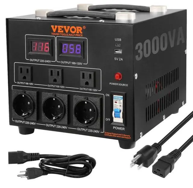 Main image of VEVOR Voltage Converter Transformer, 3000W, Heavy Duty Step Up/Down Transformer, Convert from 110 Volt to 220 Volt and  from 220 Volt to 110 Volt, with US Outlet EU Outlet 5V USB Port, CE Certified