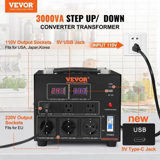 Alt view image 3 of 8 - VEVOR Voltage Converter Transformer, 3000W, Heavy Duty Step Up/Down Transformer, Convert from 110 Volt to 220 Volt and  from 220 Volt to 110 Volt, with US Outlet EU Outlet 5V USB Port, CE Certified