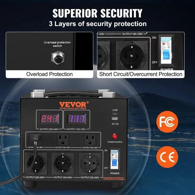 Alt view image 5 of 8 - VEVOR Voltage Converter Transformer, 3000W, Heavy Duty Step Up/Down Transformer, Convert from 110 Volt to 220 Volt and  from 220 Volt to 110 Volt, with US Outlet EU Outlet 5V USB Port, CE Certified