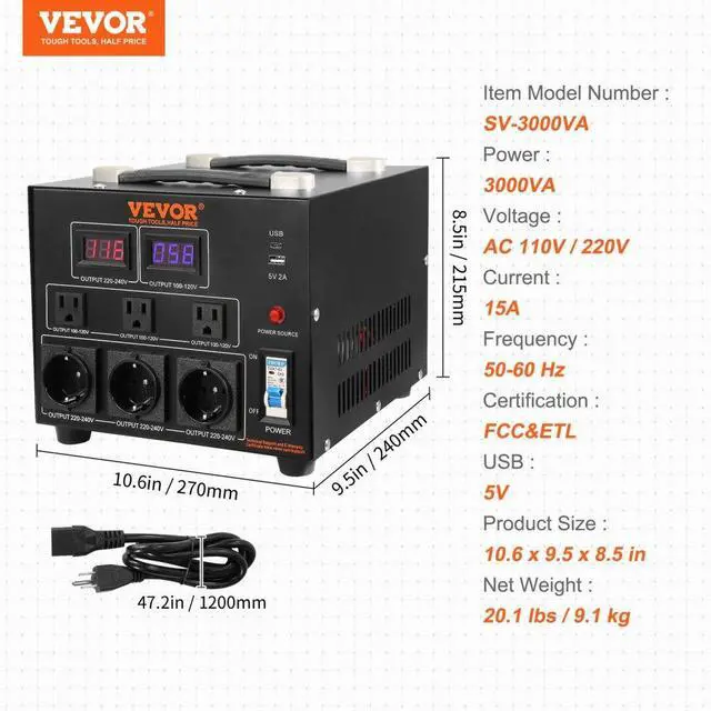 Alt view image 8 of 8 - VEVOR Voltage Converter Transformer, 3000W, Heavy Duty Step Up/Down Transformer, Convert from 110 Volt to 220 Volt and  from 220 Volt to 110 Volt, with US Outlet EU Outlet 5V USB Port, CE Certified