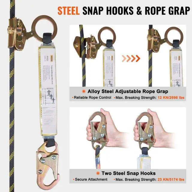 Alt view image 4 of 14 - VEVOR Vertical Lifeline Assembly, 0.55'' x 25' Fall Protection Rope with 30 KN Breaking Tension, Polyester Roofing Rope with Steel Snap Hooks, Rope Grab, and Shock Absorber, ANSI Compliant