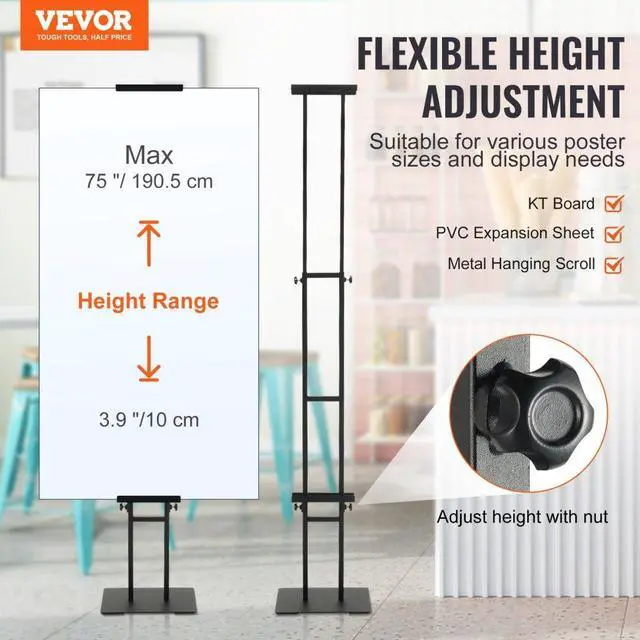 Alt view image 2 of 7 - VEVOR Poster Stand, Adjustable Height Up to 75", Double-Sided Heavy Duty Pedestal Sign Holder, Floor Standing Sign Holder Banner Stand with Shock-absorbing Base for Display, for Board and Foam, Black