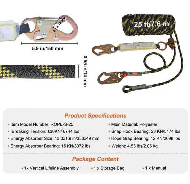 Alt view image 7 of 14 - VEVOR Vertical Lifeline Assembly, 0.55'' x 25' Fall Protection Rope with 30 KN Breaking Tension, Polyester Roofing Rope with Steel Snap Hooks, Rope Grab, and Shock Absorber, ANSI Compliant