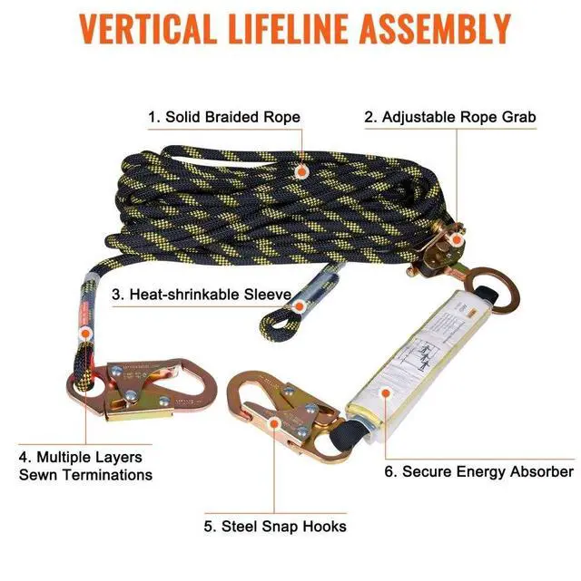Alt view image 6 of 14 - VEVOR Vertical Lifeline Assembly, 0.55'' x 25' Fall Protection Rope with 30 KN Breaking Tension, Polyester Roofing Rope with Steel Snap Hooks, Rope Grab, and Shock Absorber, ANSI Compliant