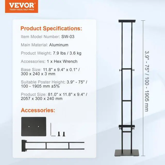 Alt view image 7 of 7 - VEVOR Poster Stand, Adjustable Height Up to 75", Double-Sided Heavy Duty Pedestal Sign Holder, Floor Standing Sign Holder Banner Stand with Shock-absorbing Base for Display, for Board and Foam, Black