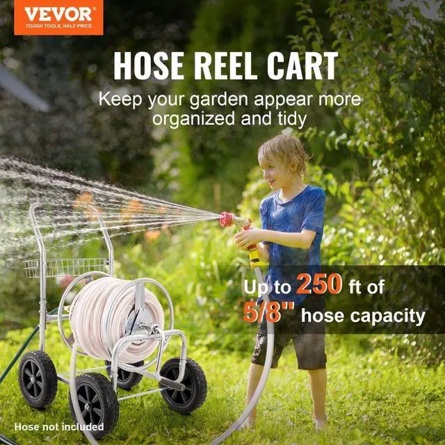 Alt view image 2 of 7 - VEVOR Hose Reel Cart, Hold Up to 250 ft of 5/8 Hose, Garden Water Hose Carts Mobile Tools with 4 Wheels, Heavy Duty Powder-coated Steel Outdoor Planting with Storage Basket, for Garden, Yard, Lawn