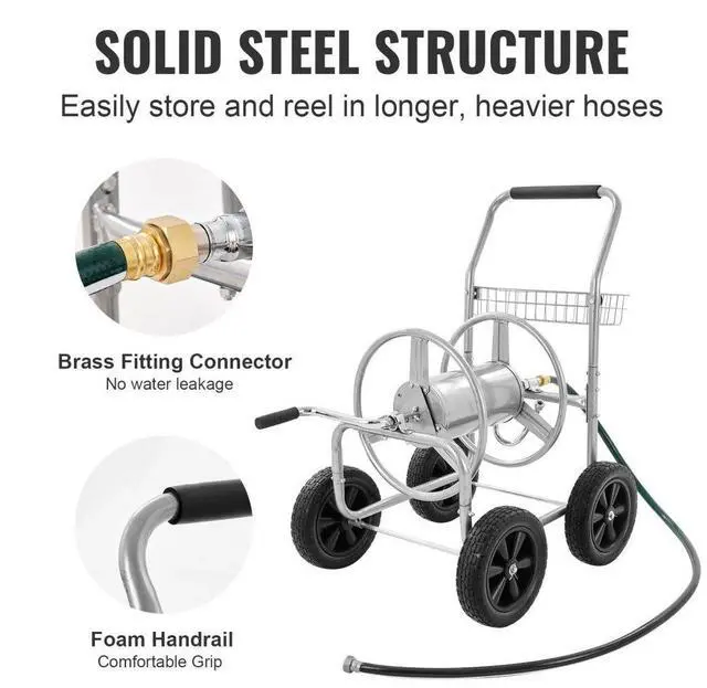 Alt view image 3 of 7 - VEVOR Hose Reel Cart, Hold Up to 250 ft of 5/8 Hose, Garden Water Hose Carts Mobile Tools with 4 Wheels, Heavy Duty Powder-coated Steel Outdoor Planting with Storage Basket, for Garden, Yard, Lawn