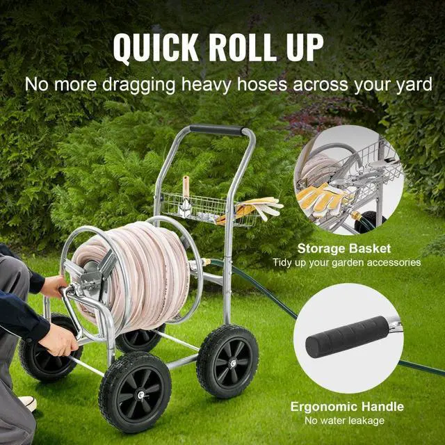 Alt view image 4 of 7 - VEVOR Hose Reel Cart, Hold Up to 250 ft of 5/8 Hose, Garden Water Hose Carts Mobile Tools with 4 Wheels, Heavy Duty Powder-coated Steel Outdoor Planting with Storage Basket, for Garden, Yard, Lawn