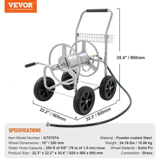 Alt view image 7 of 7 - VEVOR Hose Reel Cart, Hold Up to 250 ft of 5/8 Hose, Garden Water Hose Carts Mobile Tools with 4 Wheels, Heavy Duty Powder-coated Steel Outdoor Planting with Storage Basket, for Garden, Yard, Lawn