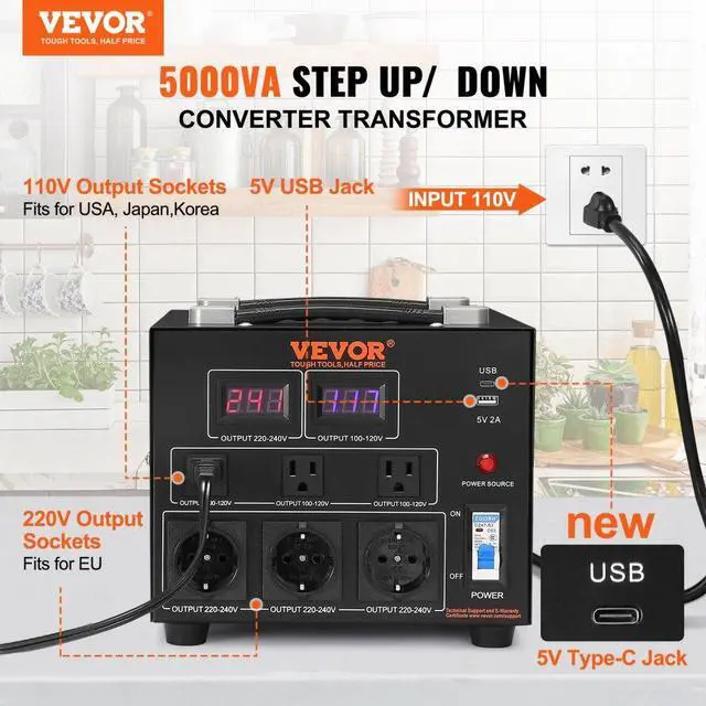 Alt view image 2 of 8 - VEVOR Voltage Converter Transformer, 5000W, Heavy Duty Step Up/Down Transformer, Convert from 110 Volt to 220 Volt and  from 220 Volt to 110 Volt, with US Outlet EU Outlet 5V USB Port, CE Certified