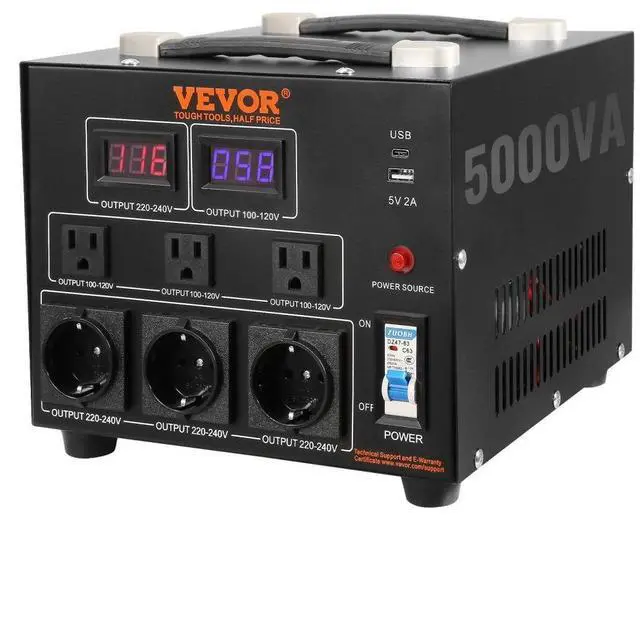 Main image of VEVOR Voltage Converter Transformer, 5000W, Heavy Duty Step Up/Down Transformer, Convert from 110 Volt to 220 Volt and  from 220 Volt to 110 Volt, with US Outlet EU Outlet 5V USB Port, CE Certified