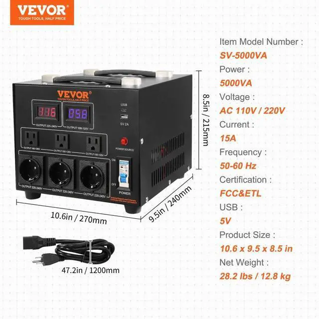 Alt view image 7 of 8 - VEVOR Voltage Converter Transformer, 5000W, Heavy Duty Step Up/Down Transformer, Convert from 110 Volt to 220 Volt and  from 220 Volt to 110 Volt, with US Outlet EU Outlet 5V USB Port, CE Certified