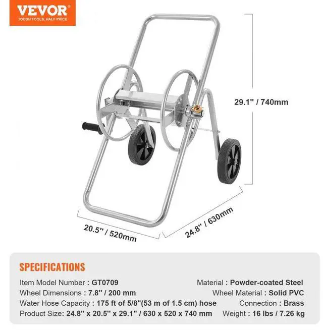 Alt view image 7 of 7 - VEVOR Hose Reel Cart, Hold Up to 175 ft of 5/8 Hose (Hose Not Included), Garden Water Hose Carts Mobile Tools with Wheels, Heavy Duty Powder-coated Steel Outdoor Planting for Garden, Yard, Lawn