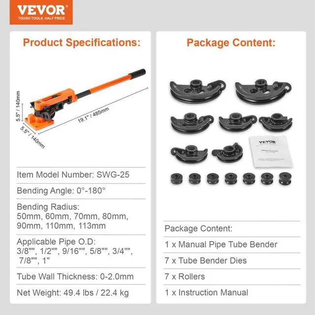 Alt view image 7 of 7 - VEVOR Pipe Tube Bender, 3/8" to 1" OD Manual Pipe Tube Bender with 7 Bending Dies, 180° Copper Aluminum Pipes Bending Tools for HVAC Air Conditioning Refrigerator Auto Repair