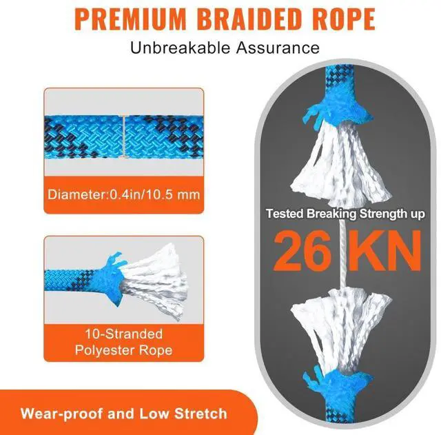 Alt view image 3 of 7 - VEVOR Static Climbing Rope, 96 ft Outdoor Rock Climbing Rope with 26KN Breaking Tension, 0.4'' /10mm High Strength Safety Rope, Escape Rope with 2pcs Carabiner and Storage Bag