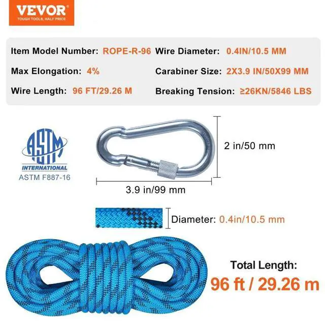 Alt view image 7 of 7 - VEVOR Static Climbing Rope, 96 ft Outdoor Rock Climbing Rope with 26KN Breaking Tension, 0.4'' /10mm High Strength Safety Rope, Escape Rope with 2pcs Carabiner and Storage Bag