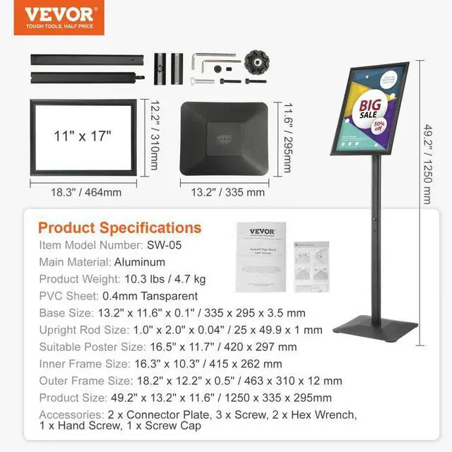 Alt view image 7 of 7 - VEVOR Pedestal Sign Holder, 11 x 17 Inch Vertical and Horizontal Adjustable Poster Stand, Heavy-Duty Floor Standing Sign Holder with Metal Base for Display, Advertisement, and Outdoor, Black