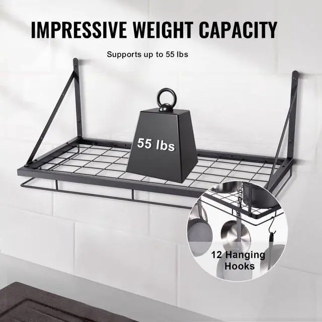 Alt view image 3 of 7 - VEVOR Pot Rack Wall Mounted, 24 inch Pot and Pan Hanging Rack, Pot and Pan Hanger with 12 S Hooks, 55 lbs Loading Weight, Ideal for Pans, Utensils, Cookware in Kitchen