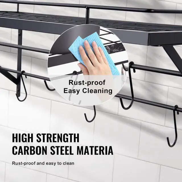 Alt view image 5 of 7 - VEVOR Pot Rack Wall Mounted, 24 inch Pot and Pan Hanging Rack, Pot and Pan Hanger with 12 S Hooks, 55 lbs Loading Weight, Ideal for Pans, Utensils, Cookware in Kitchen