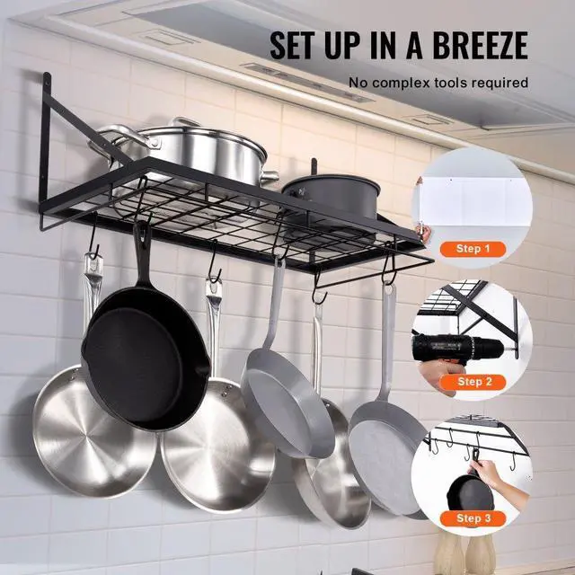 Alt view image 6 of 7 - VEVOR Pot Rack Wall Mounted, 24 inch Pot and Pan Hanging Rack, Pot and Pan Hanger with 12 S Hooks, 55 lbs Loading Weight, Ideal for Pans, Utensils, Cookware in Kitchen