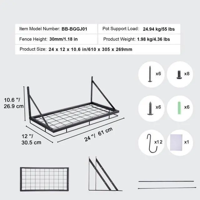 Alt view image 7 of 7 - VEVOR Pot Rack Wall Mounted, 24 inch Pot and Pan Hanging Rack, Pot and Pan Hanger with 12 S Hooks, 55 lbs Loading Weight, Ideal for Pans, Utensils, Cookware in Kitchen