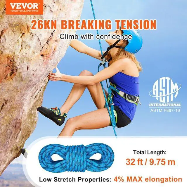 Alt view image 2 of 7 - VEVOR Static Climbing Rope, 32 ft Outdoor Rock Climbing Rope with 26KN Breaking Tension, 0.4'' /10 mm High Strength Safety Rope, Escape Rope with 2pcs Carabiner and Storage Bag