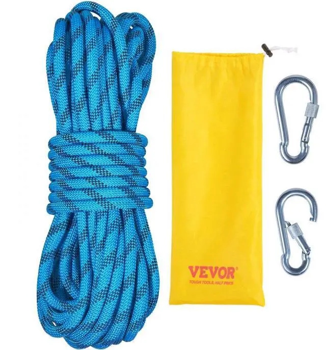 Main image of VEVOR Static Climbing Rope, 32 ft Outdoor Rock Climbing Rope with 26KN Breaking Tension, 0.4'' /10 mm High Strength Safety Rope, Escape Rope with 2pcs Carabiner and Storage Bag