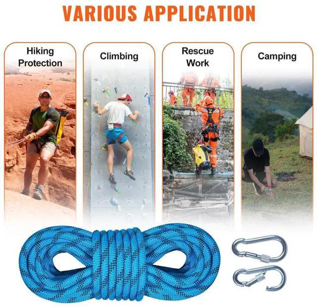 Alt view image 6 of 7 - VEVOR Static Climbing Rope, 32 ft Outdoor Rock Climbing Rope with 26KN Breaking Tension, 0.4'' /10 mm High Strength Safety Rope, Escape Rope with 2pcs Carabiner and Storage Bag