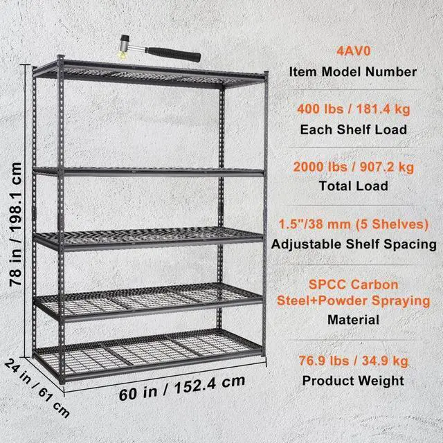 Alt view image 7 of 7 - VEVOR Storage Shelving Unit, 5-Tier Adjustable, 2000 lbs Capacity, Heavy Duty Garage Shelves Metal Organizer Wire Rack, Black, 60" L x 24" W x 78" H for Kitchen Pantry Basement Bathroom Laundry Closet