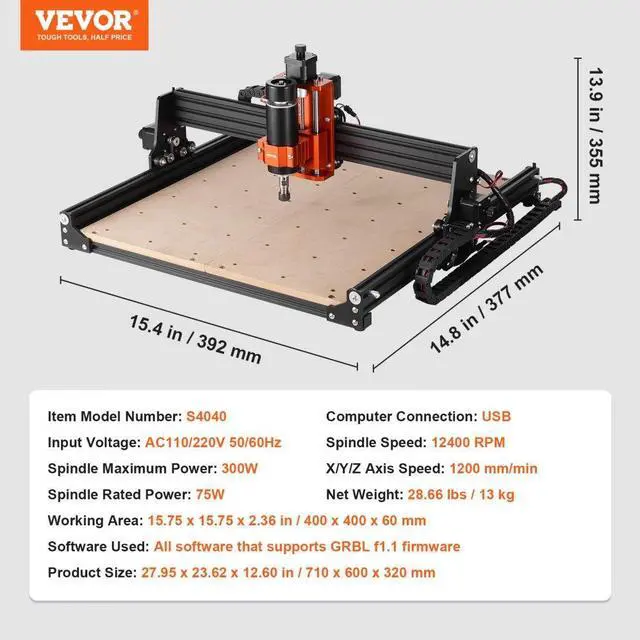 Alt view image 7 of 7 - VEVOR CNC Router Machine, 300W, 3 Axis GRBL Control Wood Engraving Carving Milling Machine Kit, 400 x 400 x 75 mm / 15.7 x 15.7 x 2.95 in Working Area 1200 RPM for Wood Acrylic MDF PVC Plastic Foam
