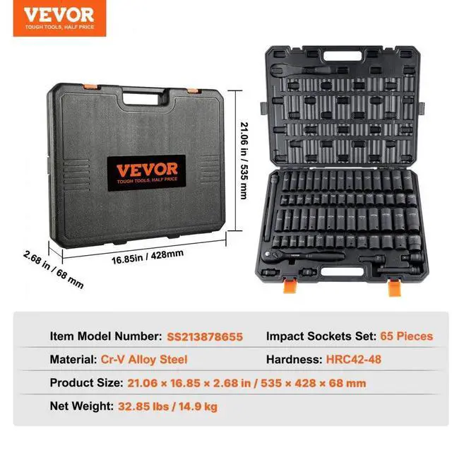 Alt view image 7 of 7 - VEVOR 1/2" Drive Impact Socket Set, 65 Piece Socket Set SAE 3/8" to 1-1/4" and Metric 10-24mm, 6 Point Cr-V Alloy Steel for Auto Repair, Rugged Construction, Easy-to-Read Size Markings, Storage Case